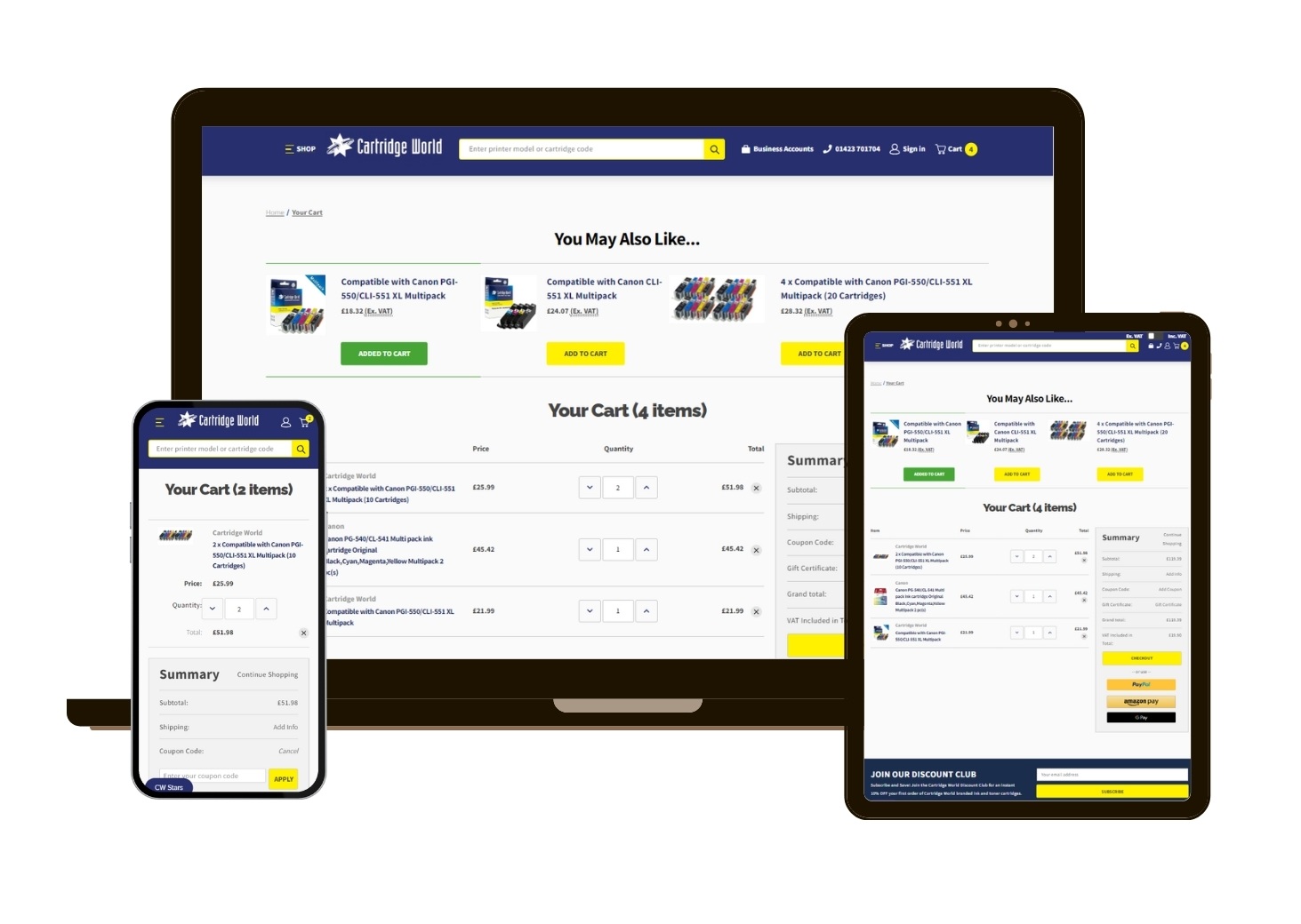 Responsive device mockup for CartridgeWorld.co.uk Cart Page