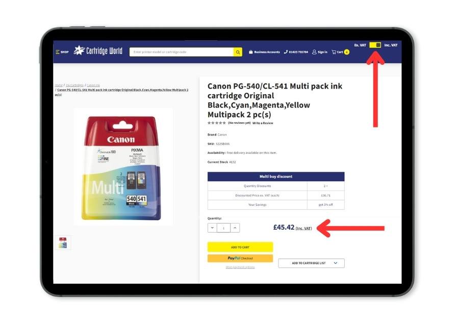 Mockup on Tablet showing Exclude/Include VAT button on CartridgeWorld.co.uk