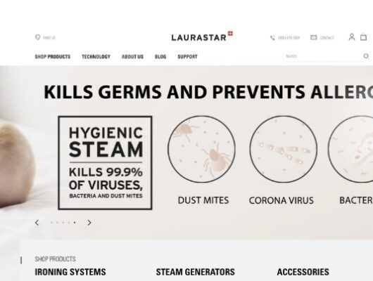 Homepage of LaurastarUS.com - hero section - with BigCommerce logo in top left corner