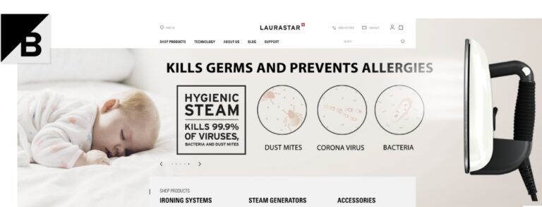 Homepage of LaurastarUS.com - hero section - with BigCommerce logo in top left corner