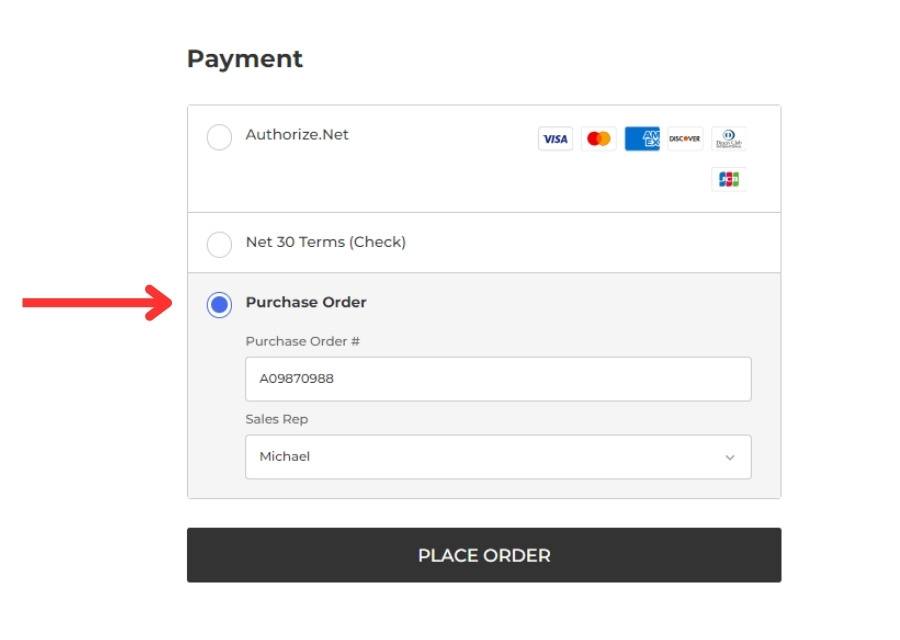 Ebizio Checkout Implementation for Purchase Order Module and Customer Payment Restrictions - Showing Purchase Order Option at Checkout