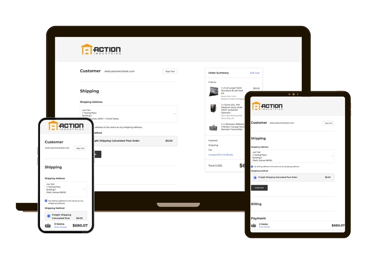 Cart page design mockup on all devices for Action-Ind.com
