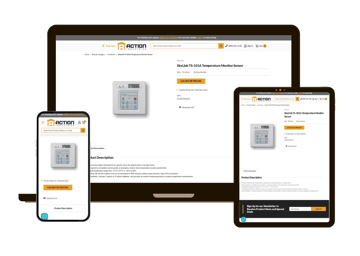 Product page design mockup on all devices for Action-Ind.com