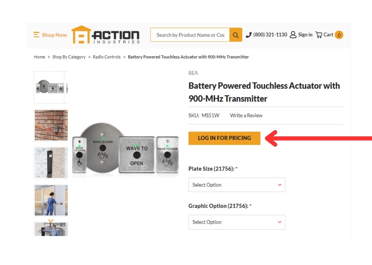 "Log in for pricing" feature on product page for Action-Ind.com