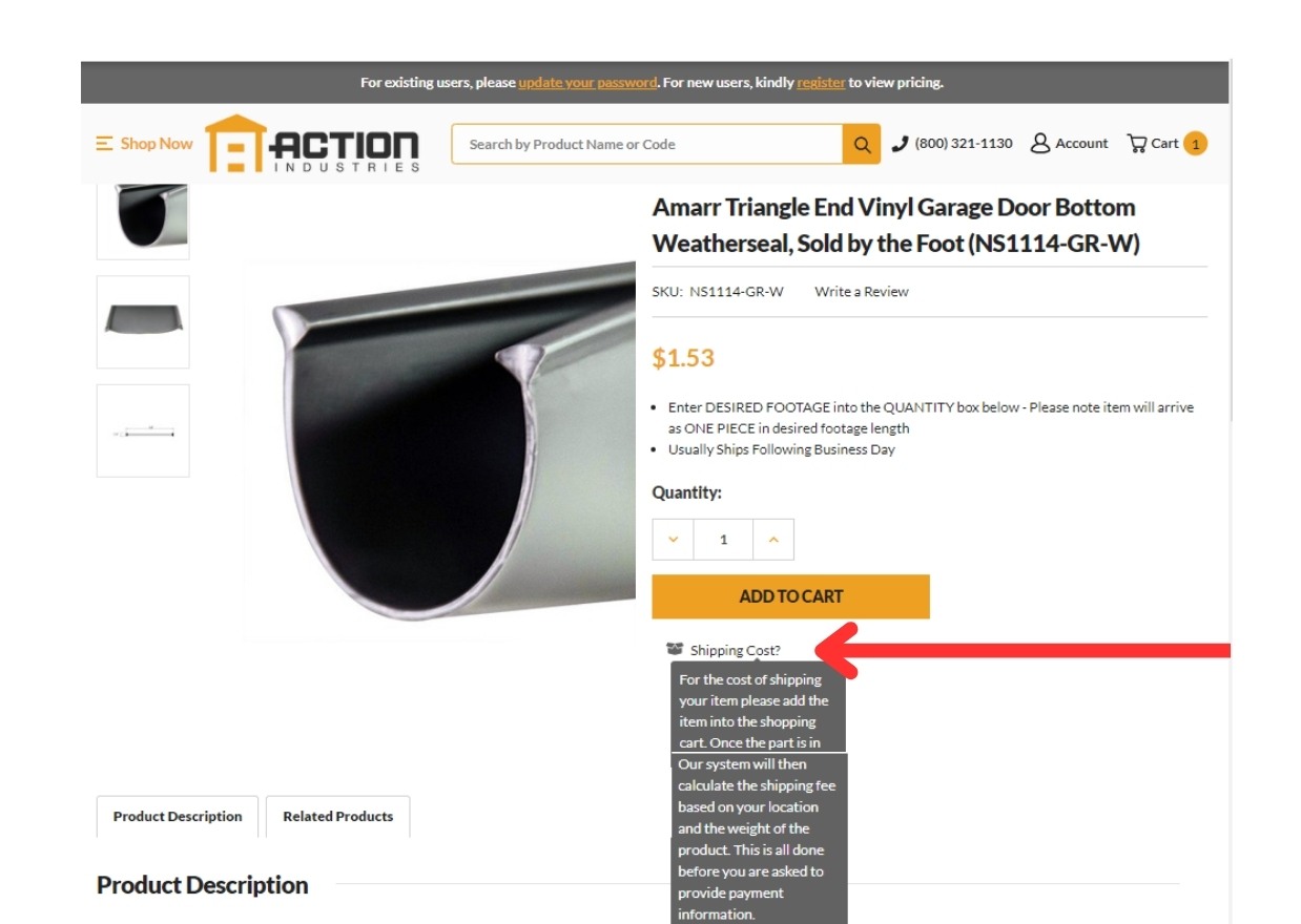 Product Option Tooltip on product page showing additional shipping information