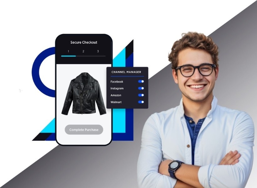 Ecommerce Concept - Man folding arms in front of modern triangle background. Mobile phone with jacket on screen. Multiple ecommerce marketplaces concept.