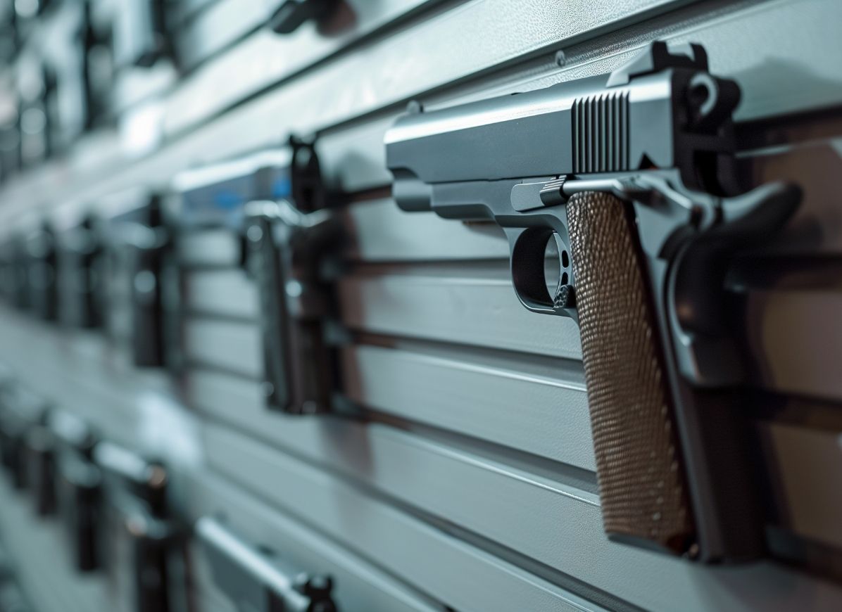 Handgun on wall of gun store