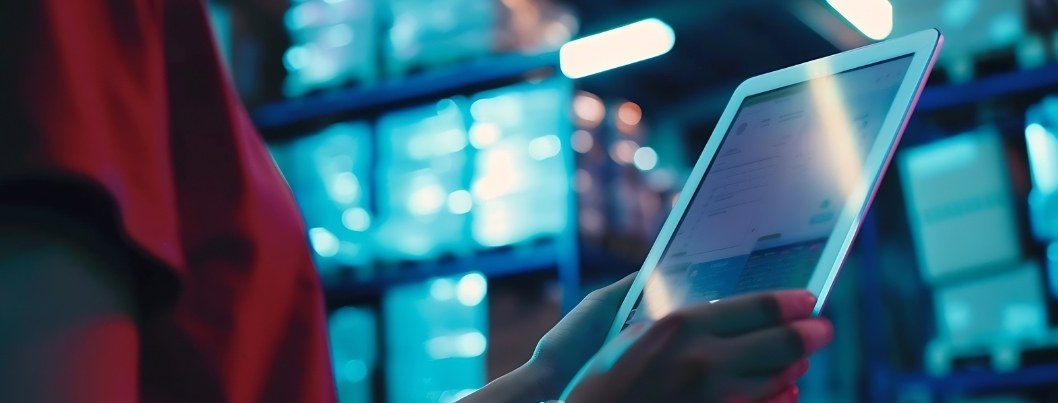 Tablet woman and online stock check with shipping company logistics and e commerce with tech Digital inventory checklist package and supply chain with delivery system and small business - Shipping restrictions BigCommerce