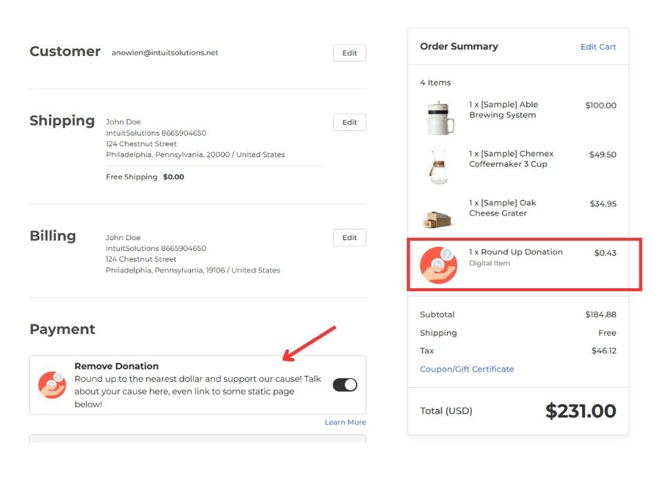 BigCommerce Checkout View of Round Up Donations Feature - Displays line item in checkout for round up fee