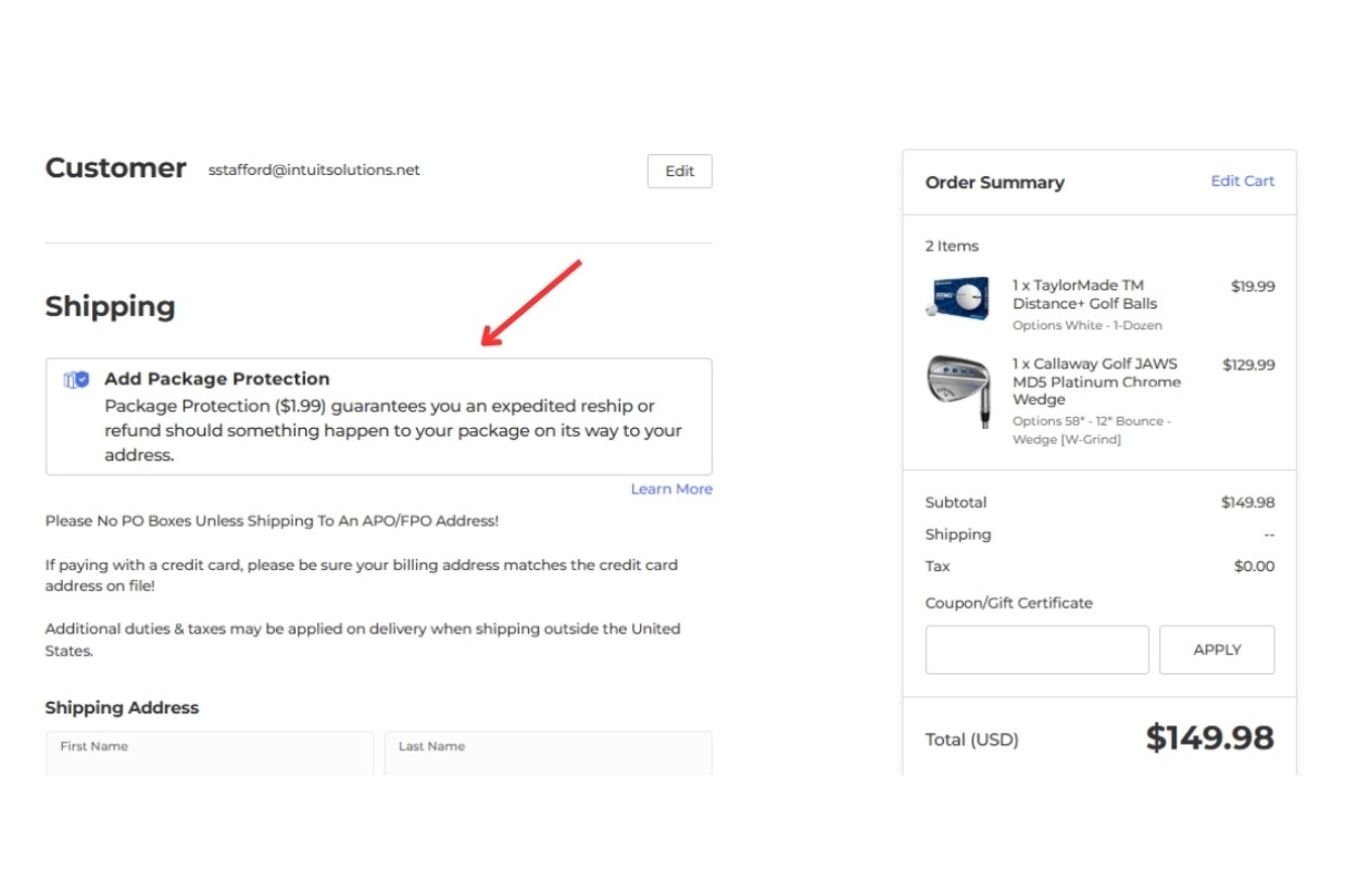 BigCommerce Checkout View showing Package Protection Option