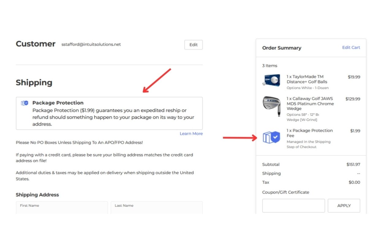 BigCommerce Checkout View showing Package Protection Option