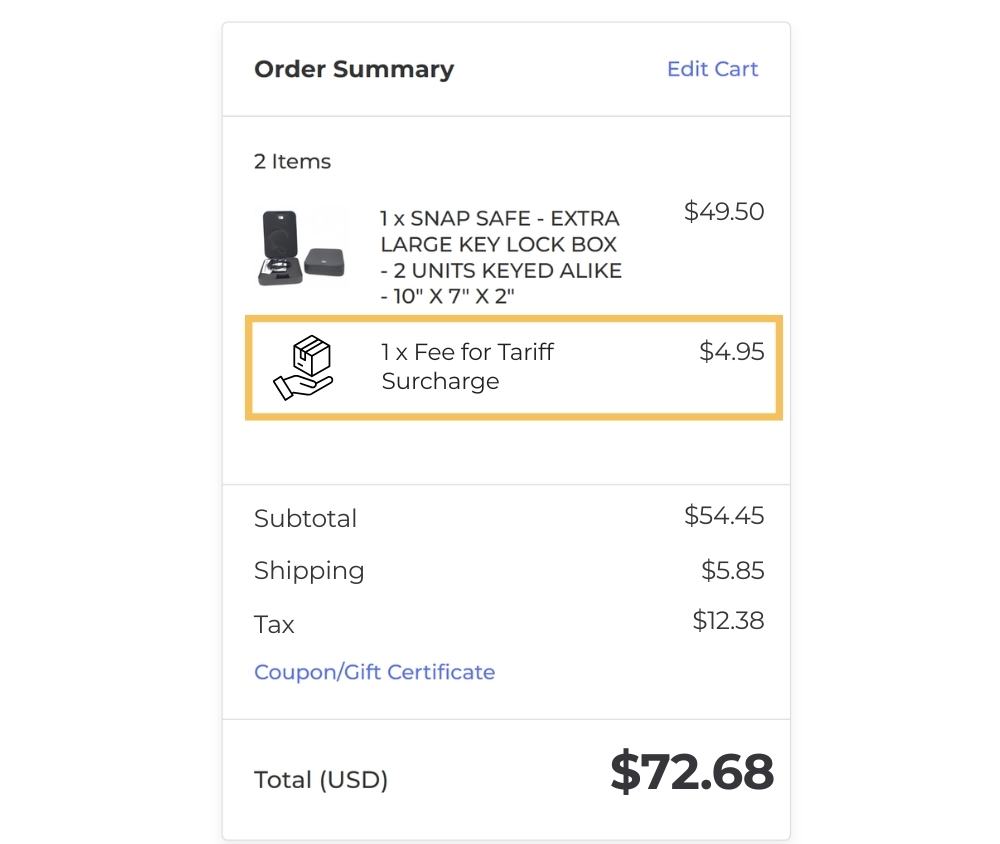 checkout view of tariff surcharge - handling tariffs BigCommerce