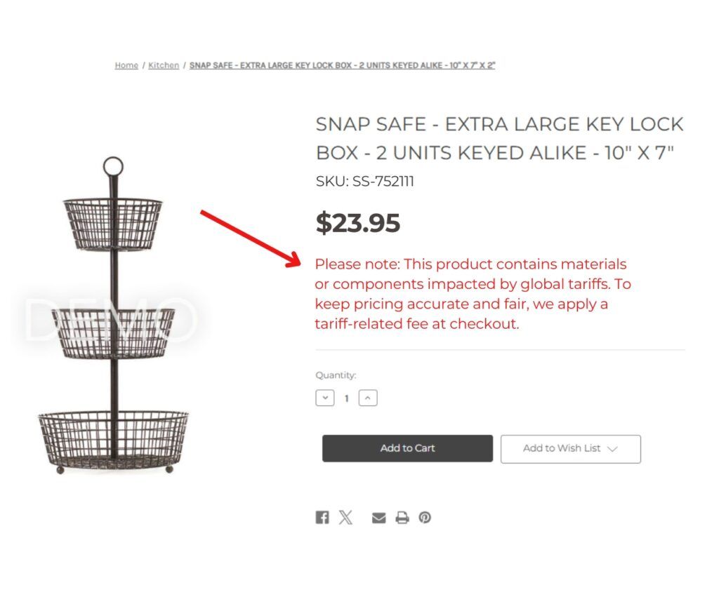 View of Product page showing message about tariffs at checkout