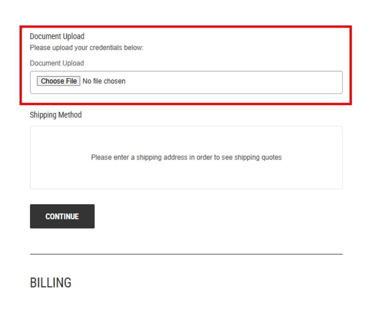 Area to upload documents for credential verification - BigCommerce checkout