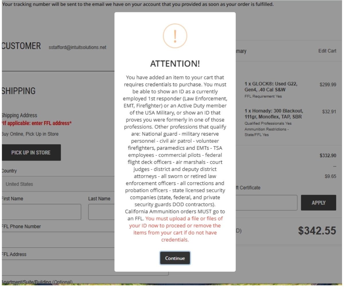 MileHighShooting.com Checkout View showing disclaimer about verification documents needed to comply - BigCommerce Checkout