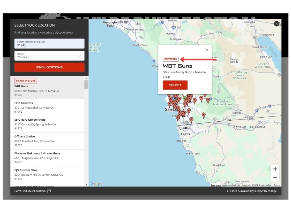FFL Dealer Selector for BigCommerce Checkout - Map with Suggested FFL Dealer locations