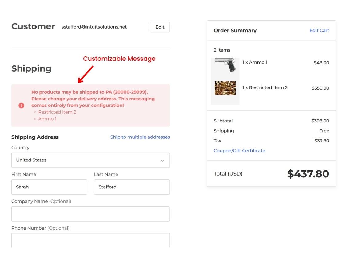 BigCommerce Checkout - Error message showing restrictions based on product and shipping location