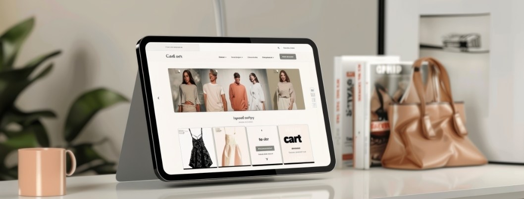 Online Shopping on Tablet Display for Fashion Products with Minimalist Desk Setup
