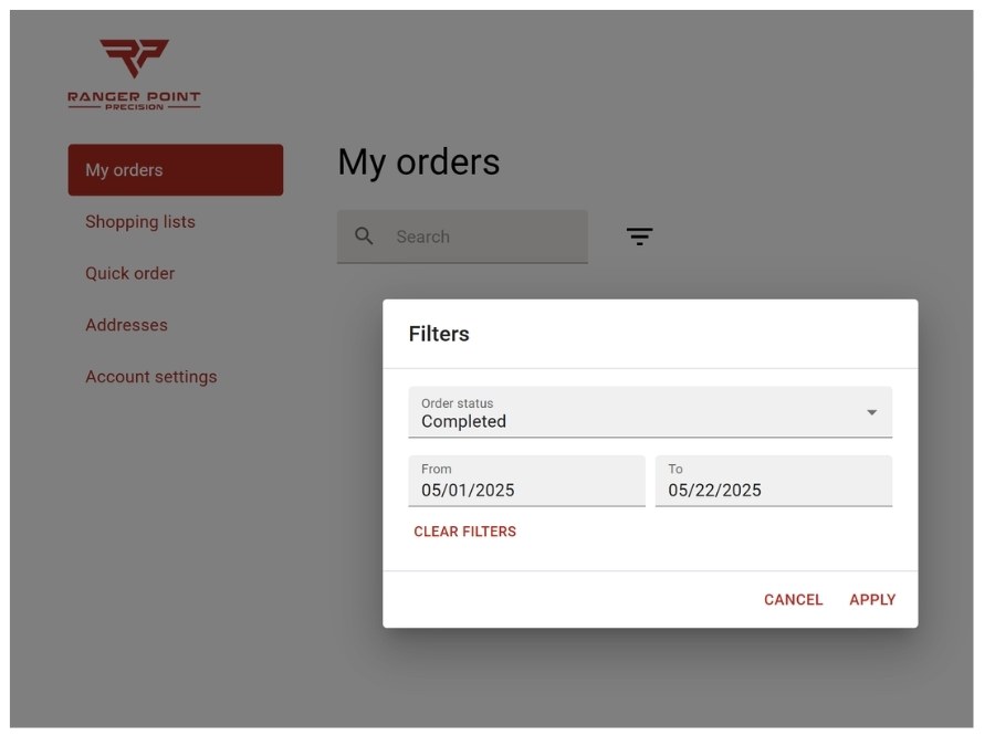dealer dashboard showing past orders for Ranger Point Precision - B2B bigcommerce multistorefront