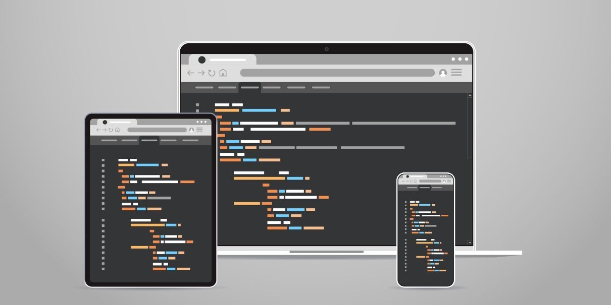 laptop tablet and smartphone screns cross platform application development adaptive user interface responsive web design programming concept