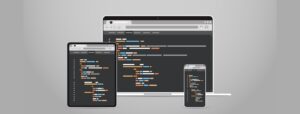 laptop tablet and smartphone screns cross platform application development adaptive user interface responsive web design programming concept