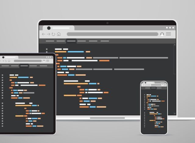 laptop tablet and smartphone screns cross platform application development adaptive user interface responsive web design programming concept