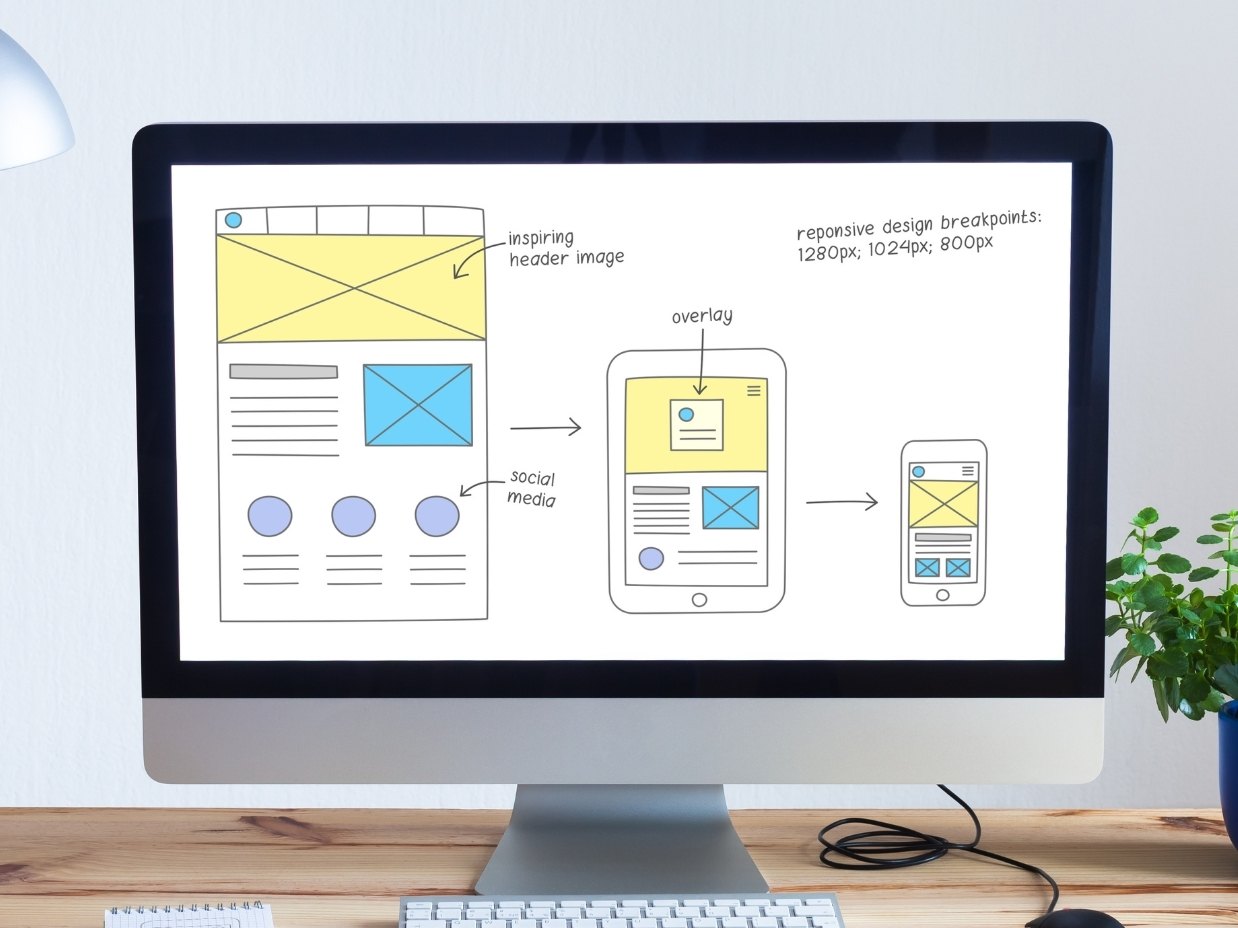 Responsive web design website wireframe sketch layout on computer screen