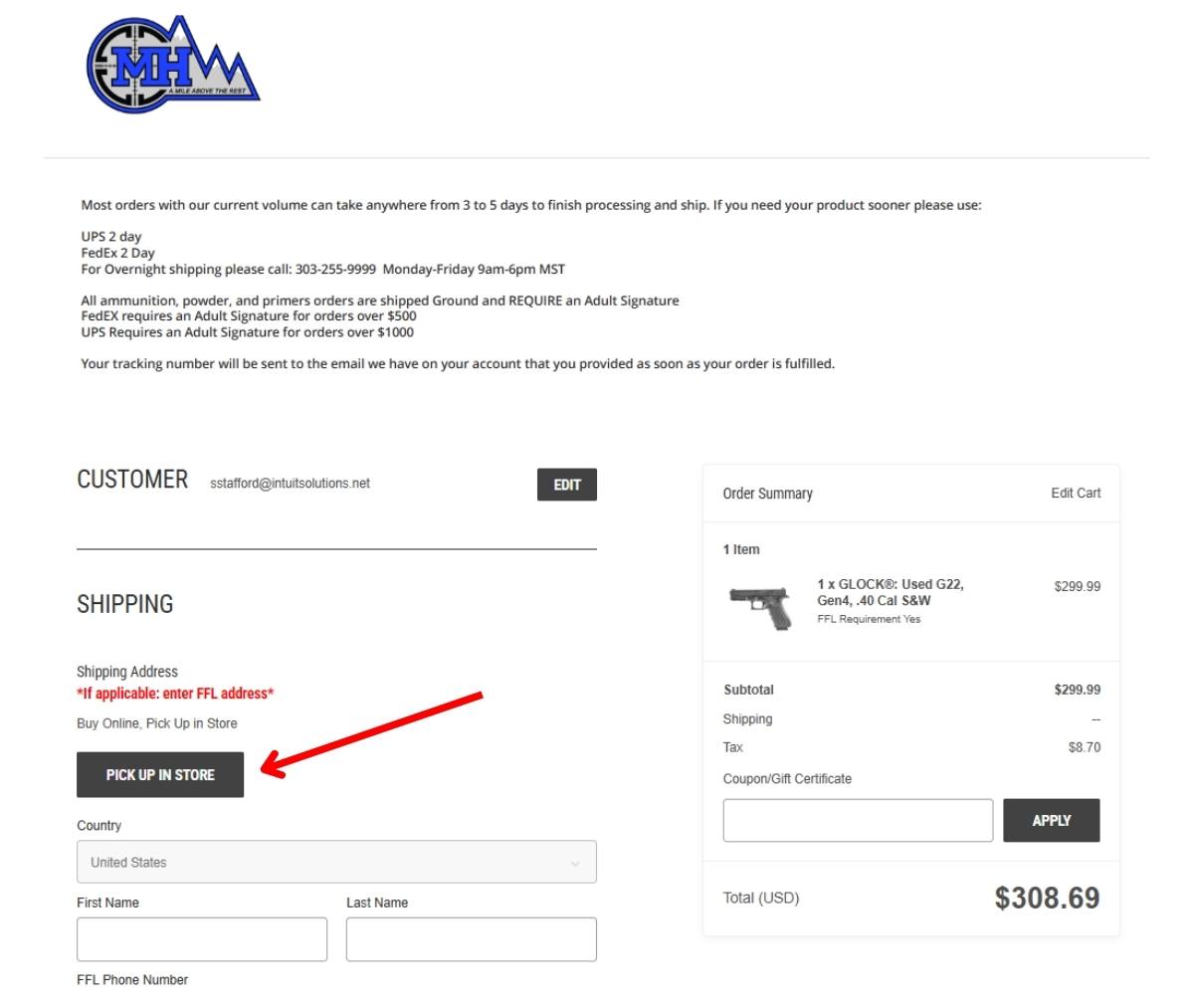 MileHighShooting.com Checkout View showing option to select Buy Online Pick Up in Store - BigCommerce Checkout