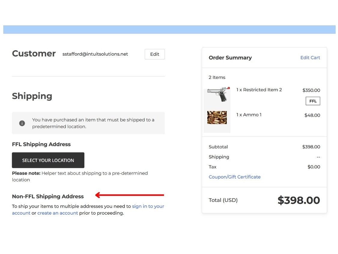 BigCommerce checkout view showing FFL and Non FFL Items - split shipment functionality