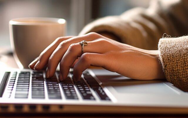 closeup of woman typing on laptop - ecommerce SEO bigcommerce shopify
