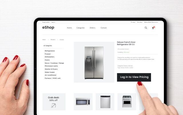 Close up of person shopping on ecommerce site on tablet clicking button "Log In to View Pricing"