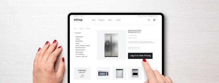 Close up of person shopping on ecommerce site on tablet clicking button "Log In to View Pricing"