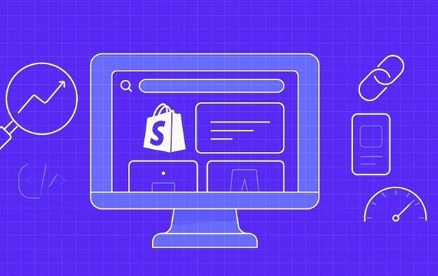 illustration of desktop screen with shopify logo, SEO concept, shopify seo