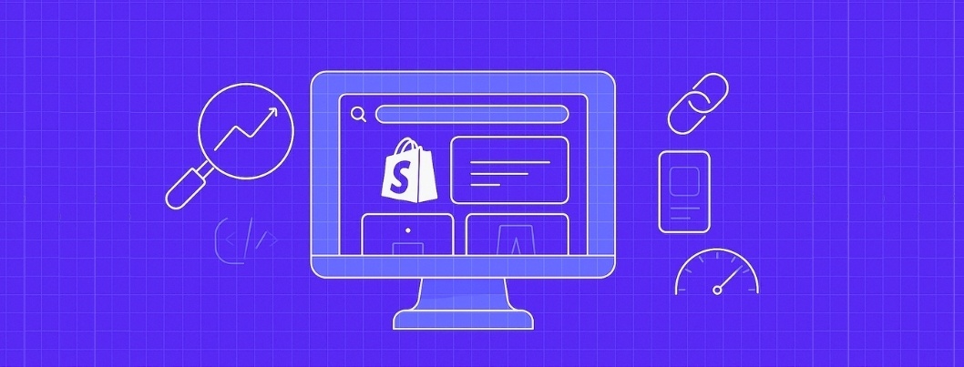 illustration of desktop screen with shopify logo, SEO concept, shopify seo