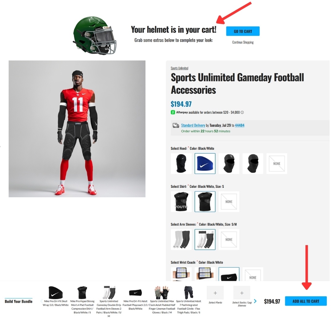 Add to Cart Upsell for BigCommerce Customization - Product page for Sportsunlimited.com showing bundling feature.