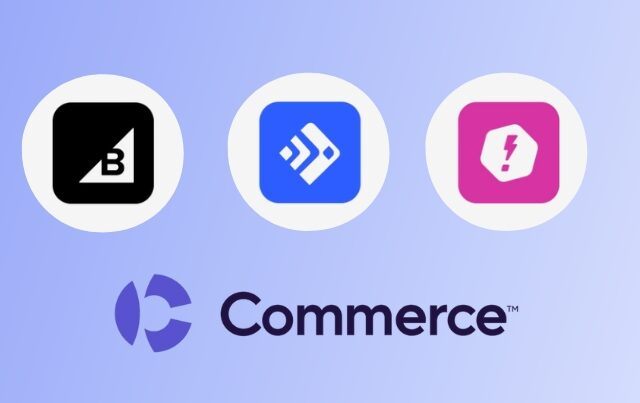 bigcommerce, feedonomics, and makeswift logos on top of Commerce logo - Commerce rebrand