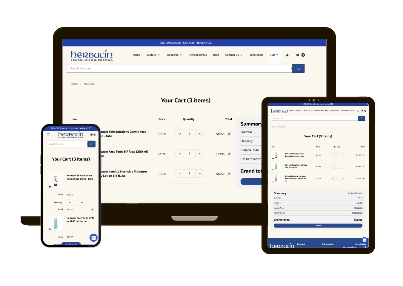 Responsive device mockup showing HerbacinUSA.com - Cart page - BigCommerce Design