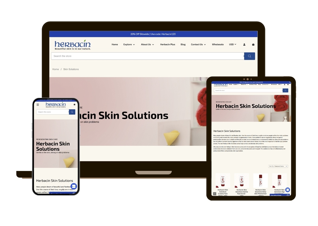 Responsive device mockup showing HerbacinUSA.com - Category page - BigCommerce Design