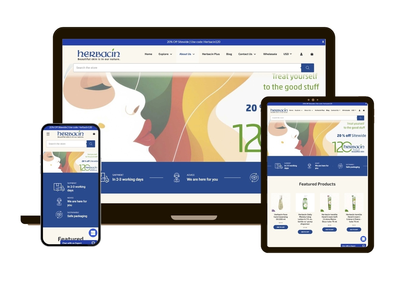 Responsive device mockup showing HerbacinUSA.com - Homepage - BigCommerce Design