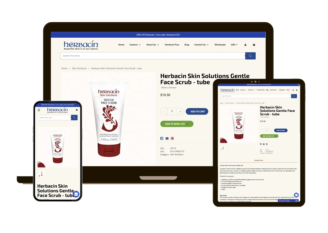 Responsive device mockup showing HerbacinUSA.com - Product page - BigCommerce Design