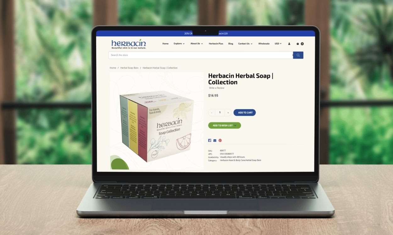 HerbacinUSA Product page open on laptop - BigCommerce design